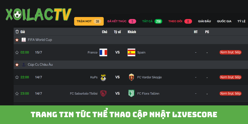 Trang tin tức thể thao cập nhật livescore